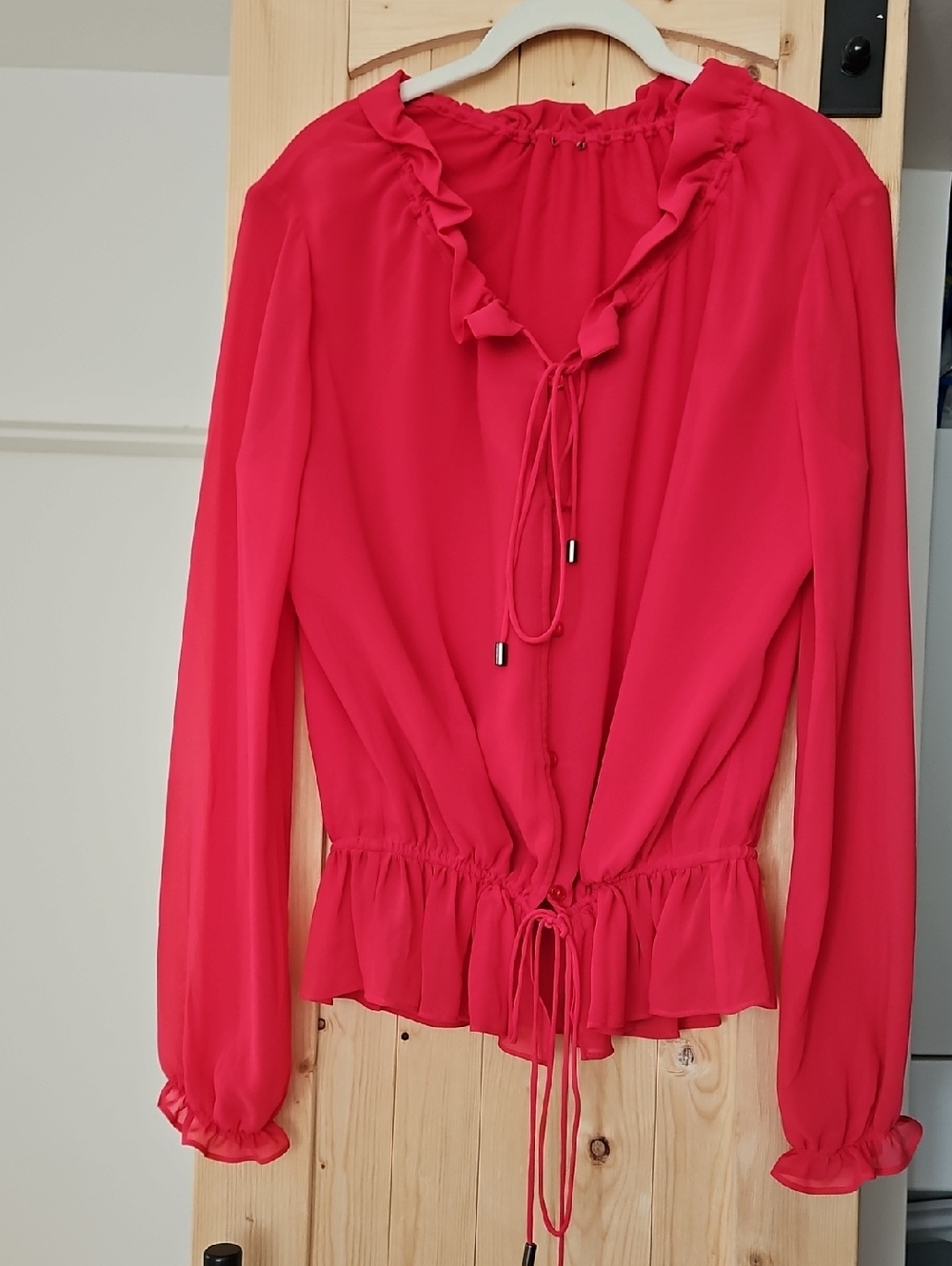 Fuschia Ruffle Tie-Neck Women's Blouse